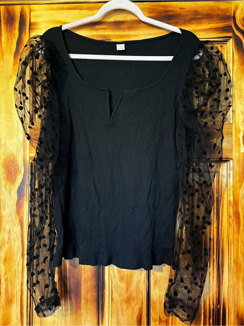 Women’s Black Puff Sleeve Dot Mesh Top